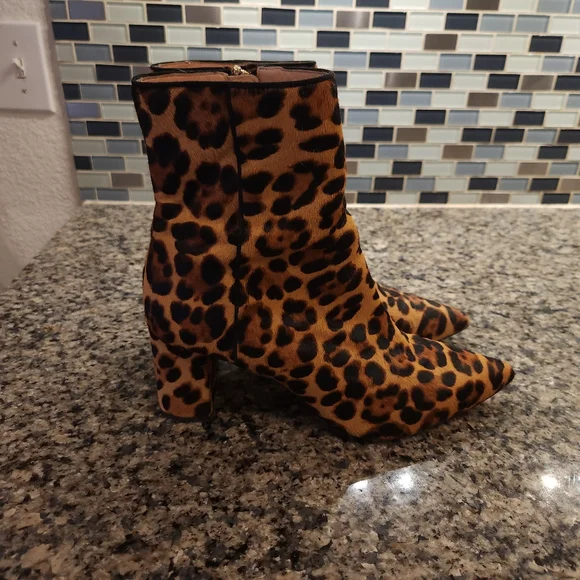 J Crew Calf Hair Fur Leopard Print Ankle Boots Sadie Pointy Toe 10 Leather - Picture 7 of 7